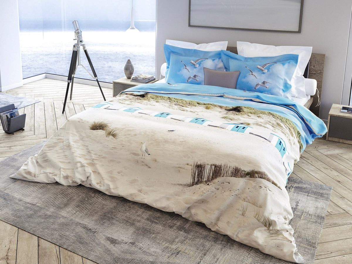 Luxuriöses Bettbezug-Set „Strandhäuser“ aus Baumwollsatin – Texelshop