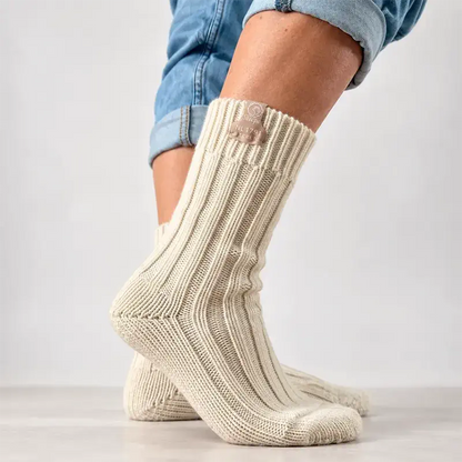 Skéépe witte wollen sokken | Middelhoog | Beige label
