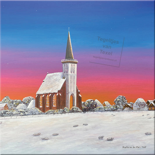 Fliesen aus Texel – Kirche von Den Hoorn mit Schnee und Schafen