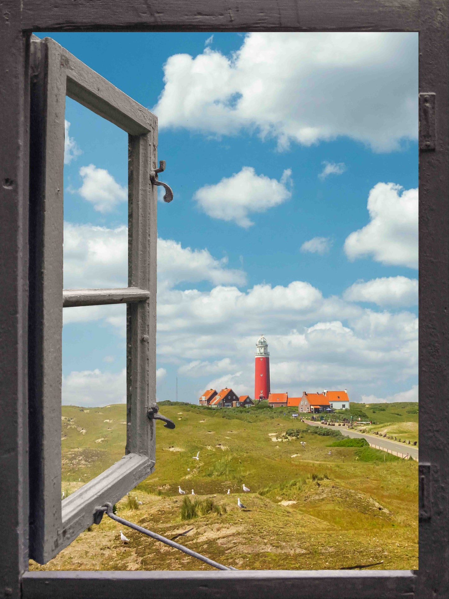 Tuinposter Raam naar Vuurtoren Texel XL